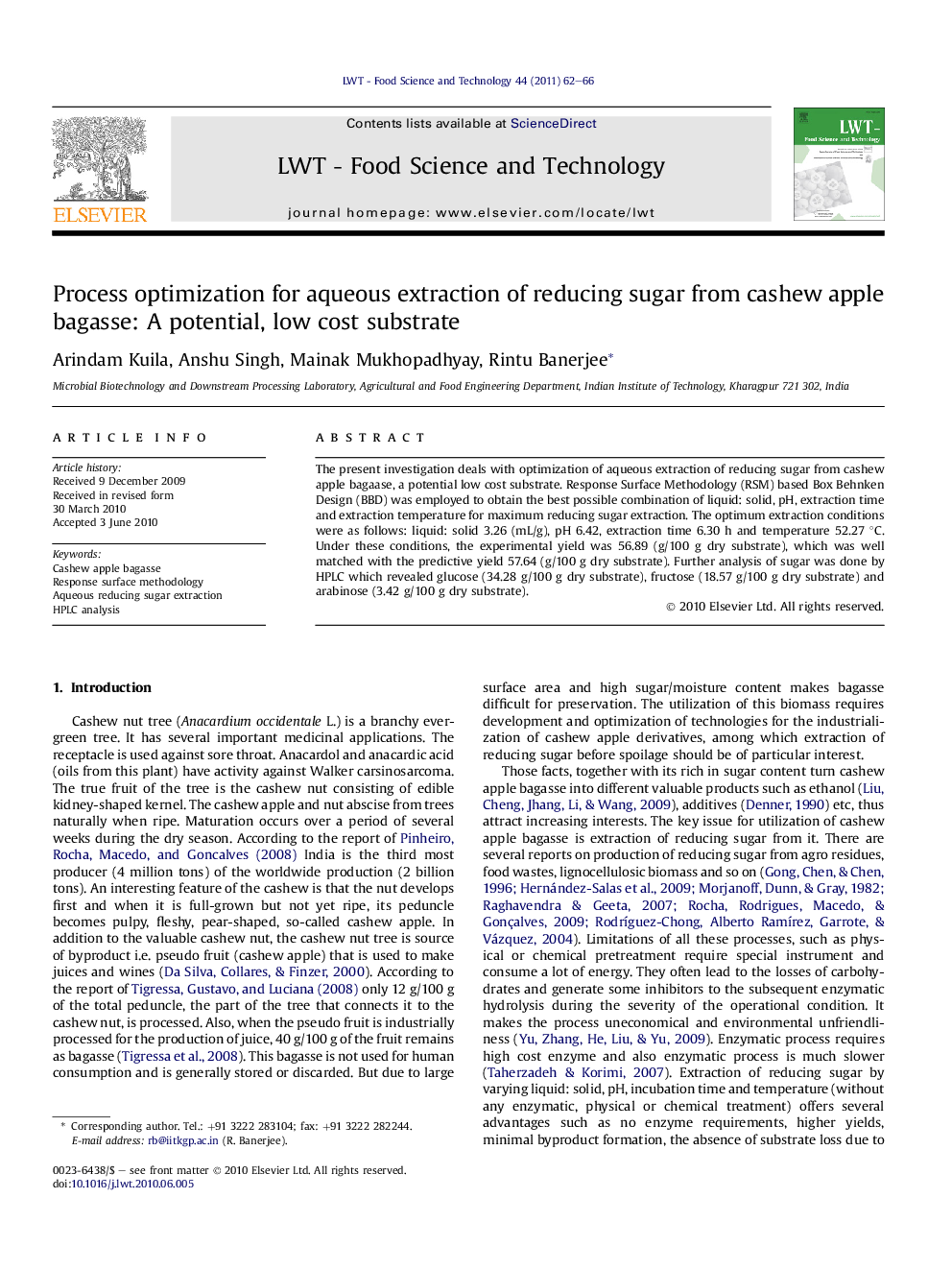 عکس صفحه اول مقاله: Process optimization for aqueous extraction of reducing sugar from cashew apple bagasse: A potential, low cost substrate Process optimization for aqueous extraction of reducing sugar from cashew apple bagasse: A potential, low cost substrate