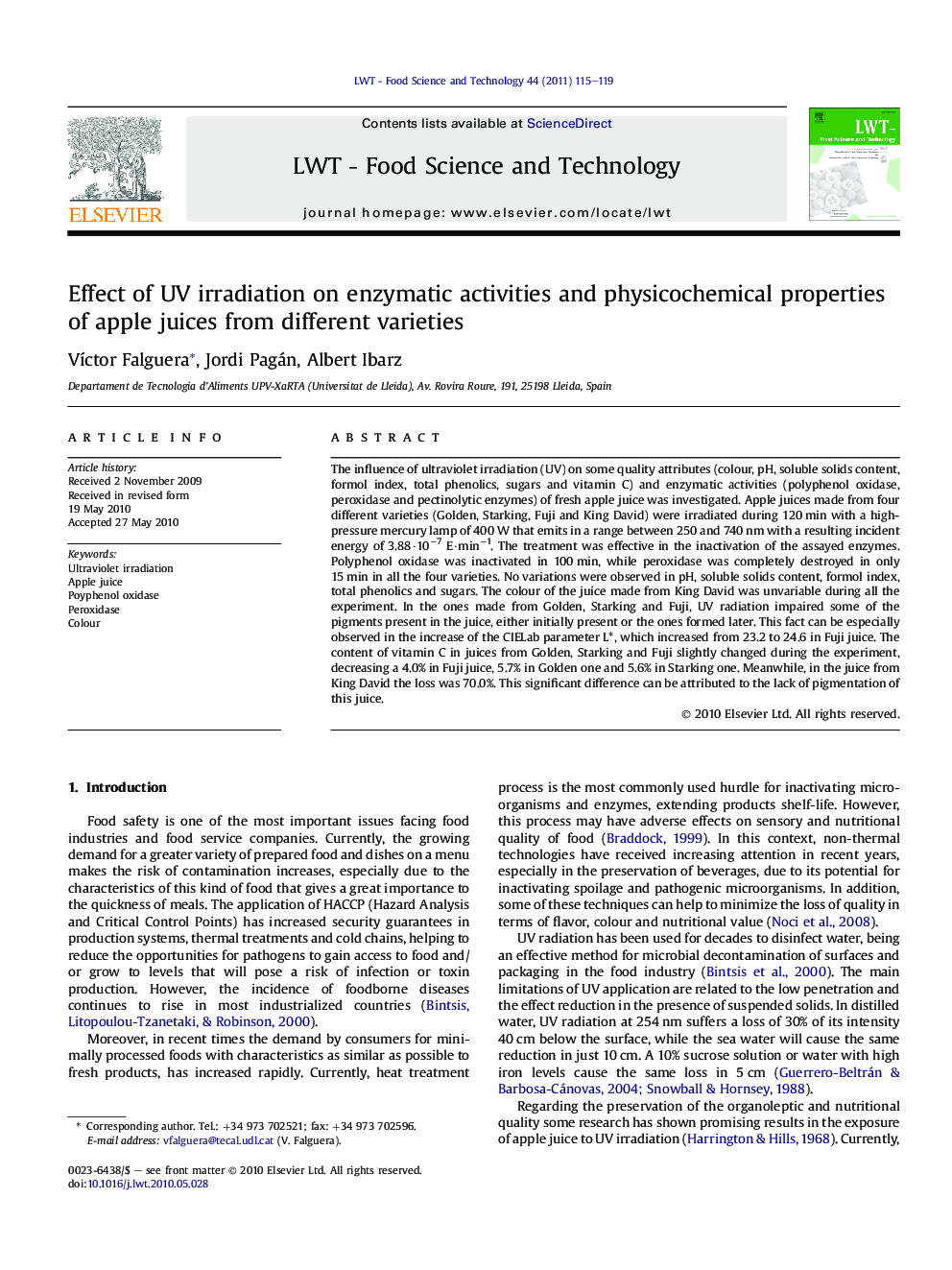 Effect of UV irradiation on enzymatic activities and physicochemical properties of apple juices from different varieties