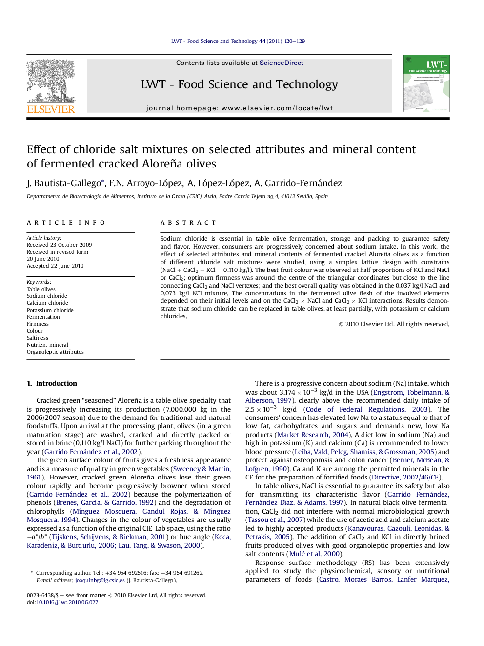 Effect of chloride salt mixtures on selected attributes and mineral content of fermented cracked Aloreña olives