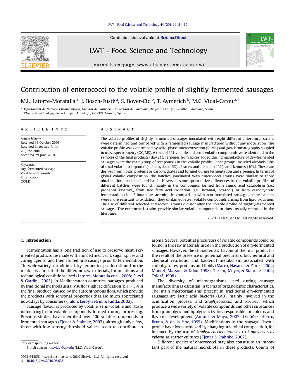 Contribution of enterococci to the volatile profile of slightly-fermented sausages