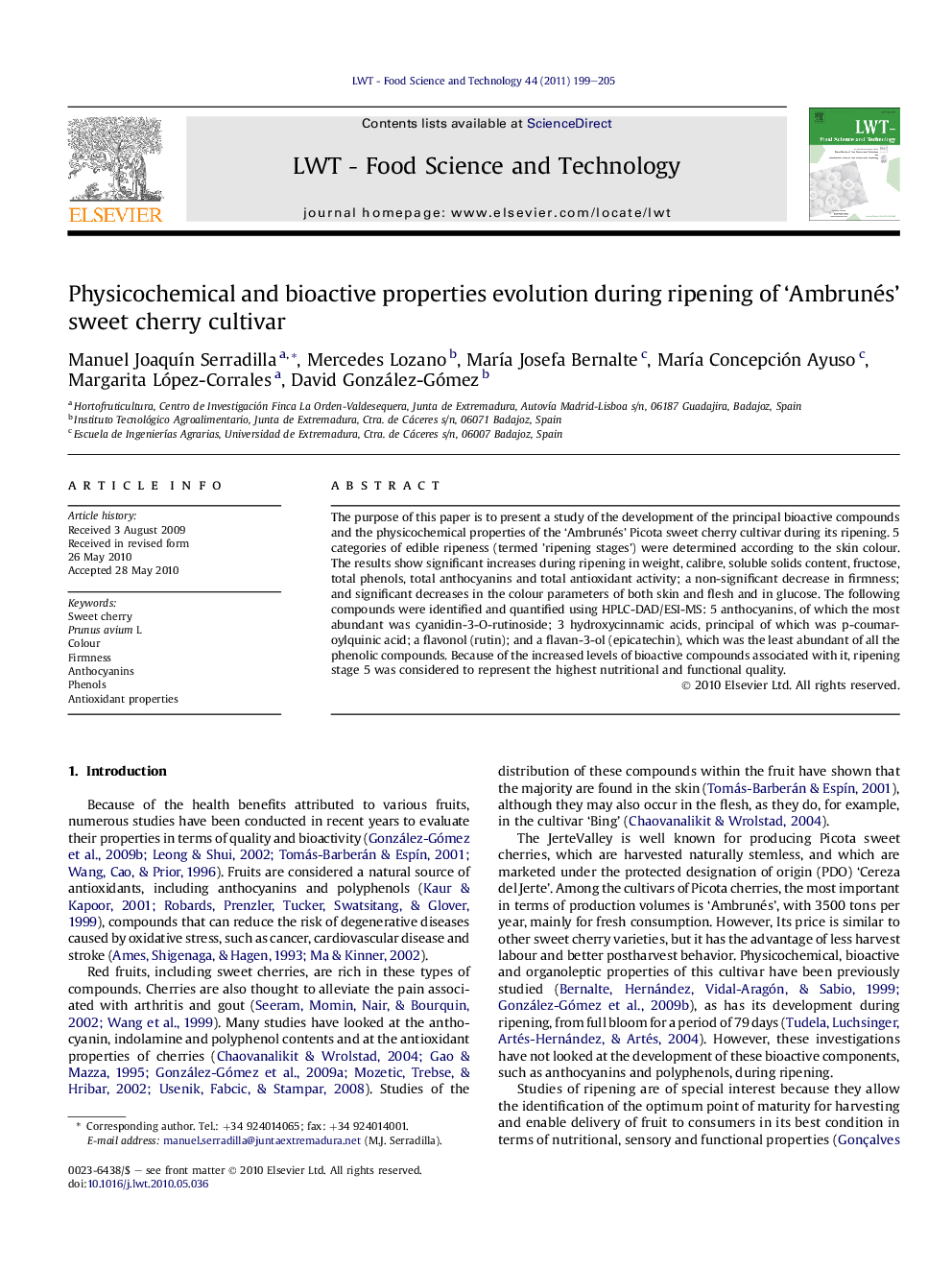 Physicochemical and bioactive properties evolution during ripening of ‘Ambrunés’ sweet cherry cultivar