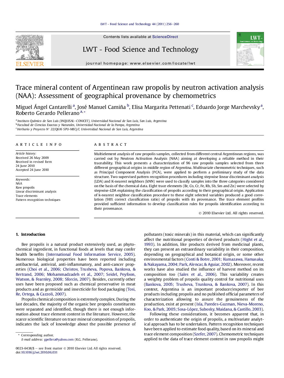 Trace mineral content of Argentinean raw propolis by neutron activation analysis (NAA): Assessment of geographical provenance by chemometrics