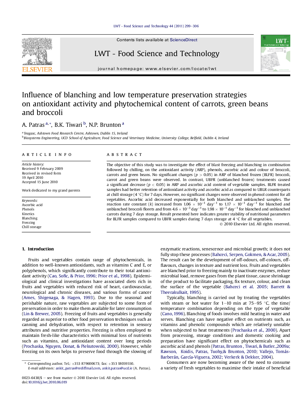 Influence of blanching and low temperature preservation strategies on antioxidant activity and phytochemical content of carrots, green beans and broccoli