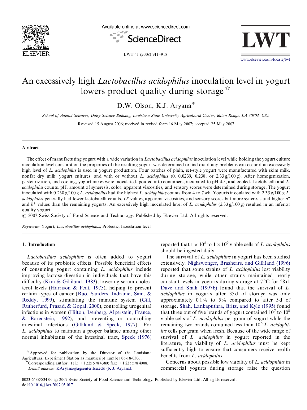 An excessively high Lactobacillus acidophilus inoculation level in yogurt lowers product quality during storage 