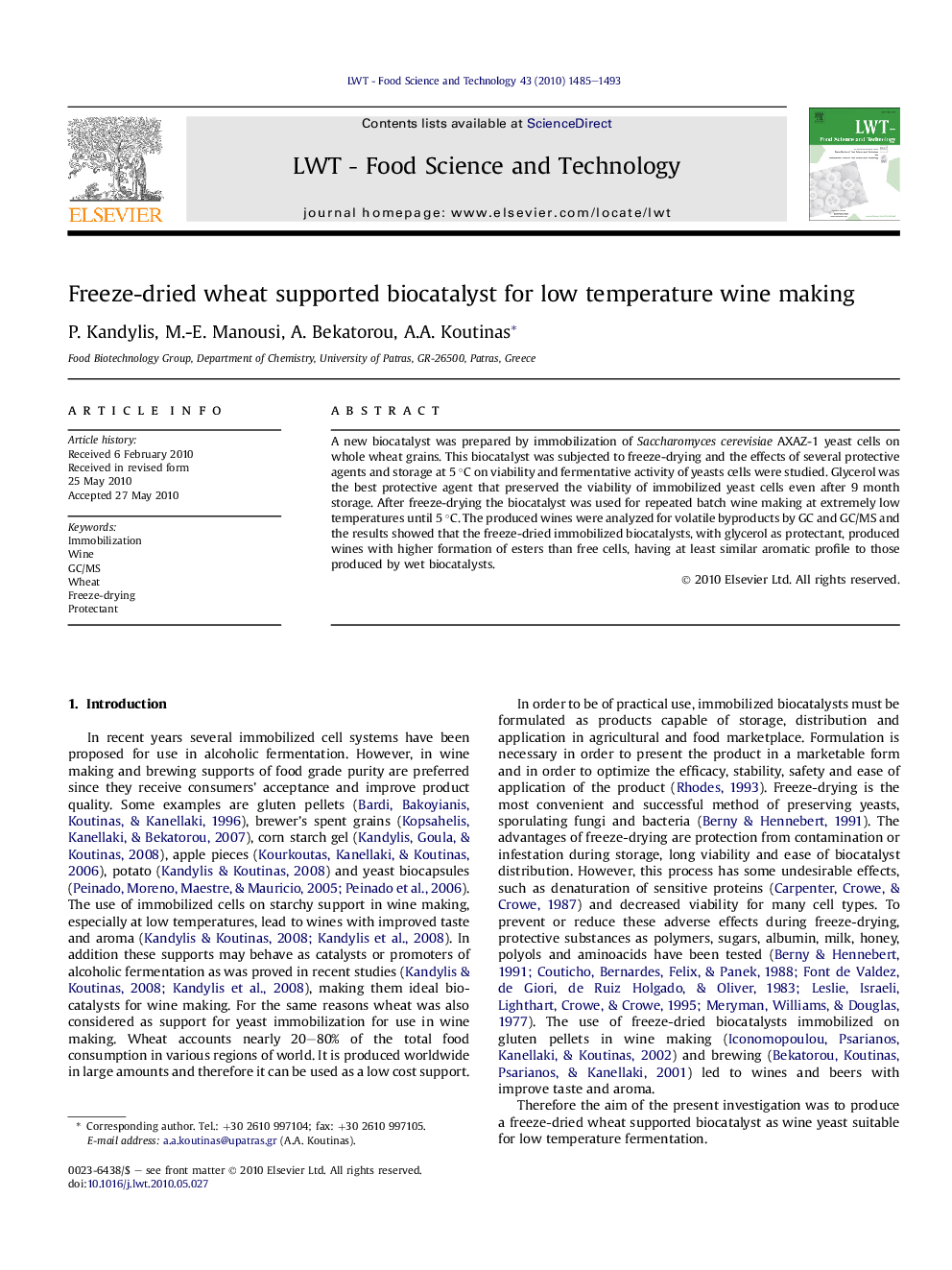 Freeze-dried wheat supported biocatalyst for low temperature wine making