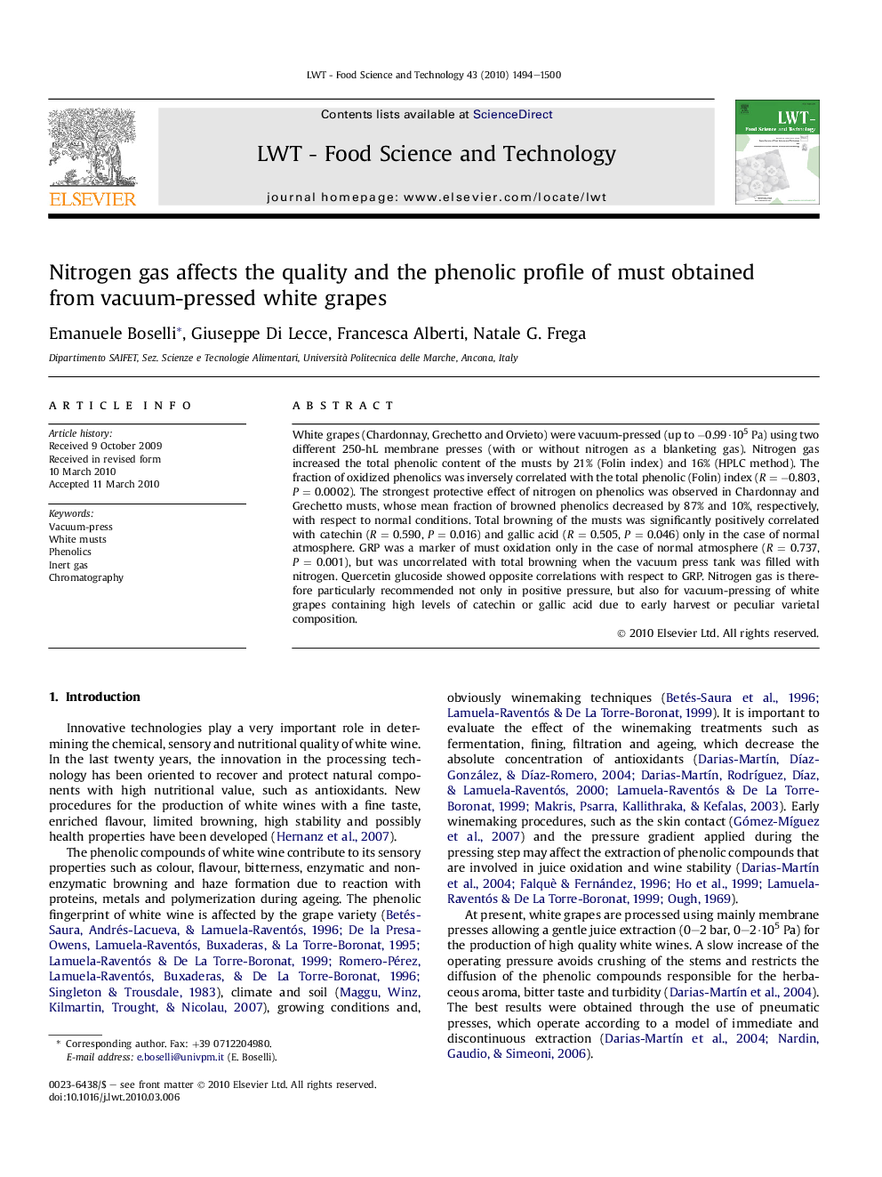 Nitrogen gas affects the quality and the phenolic profile of must obtained from vacuum-pressed white grapes