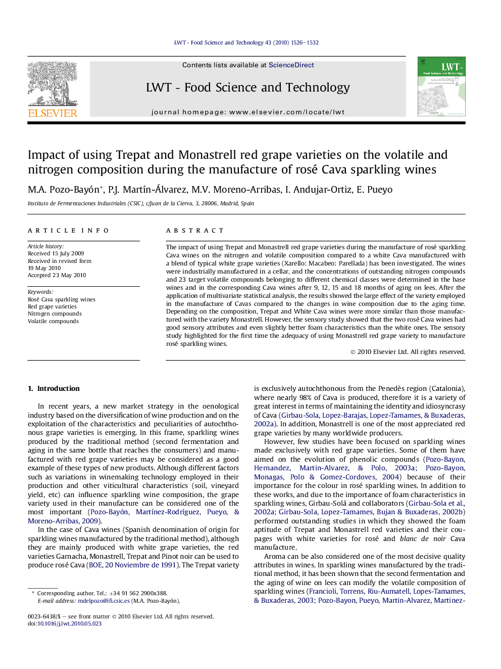 Impact of using Trepat and Monastrell red grape varieties on the volatile and nitrogen composition during the manufacture of rosé Cava sparkling wines