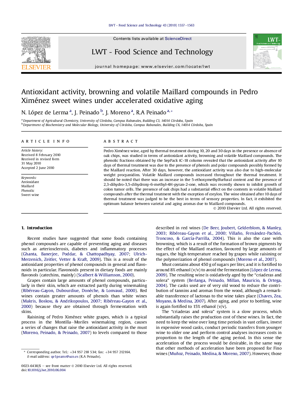 Antioxidant activity, browning and volatile Maillard compounds in Pedro Ximénez sweet wines under accelerated oxidative aging