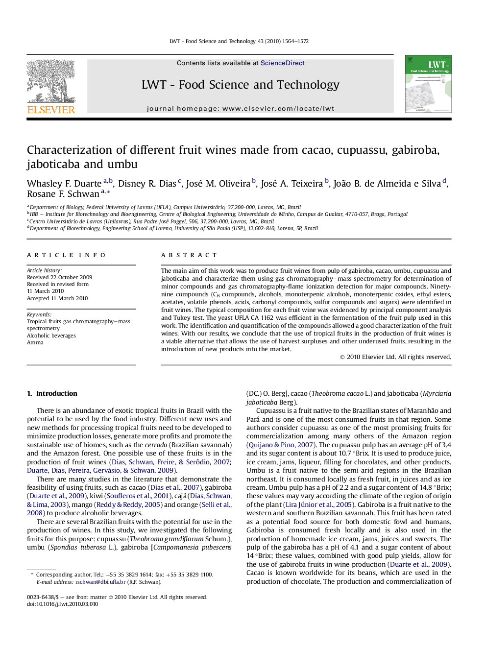 Characterization of different fruit wines made from cacao, cupuassu, gabiroba, jaboticaba and umbu