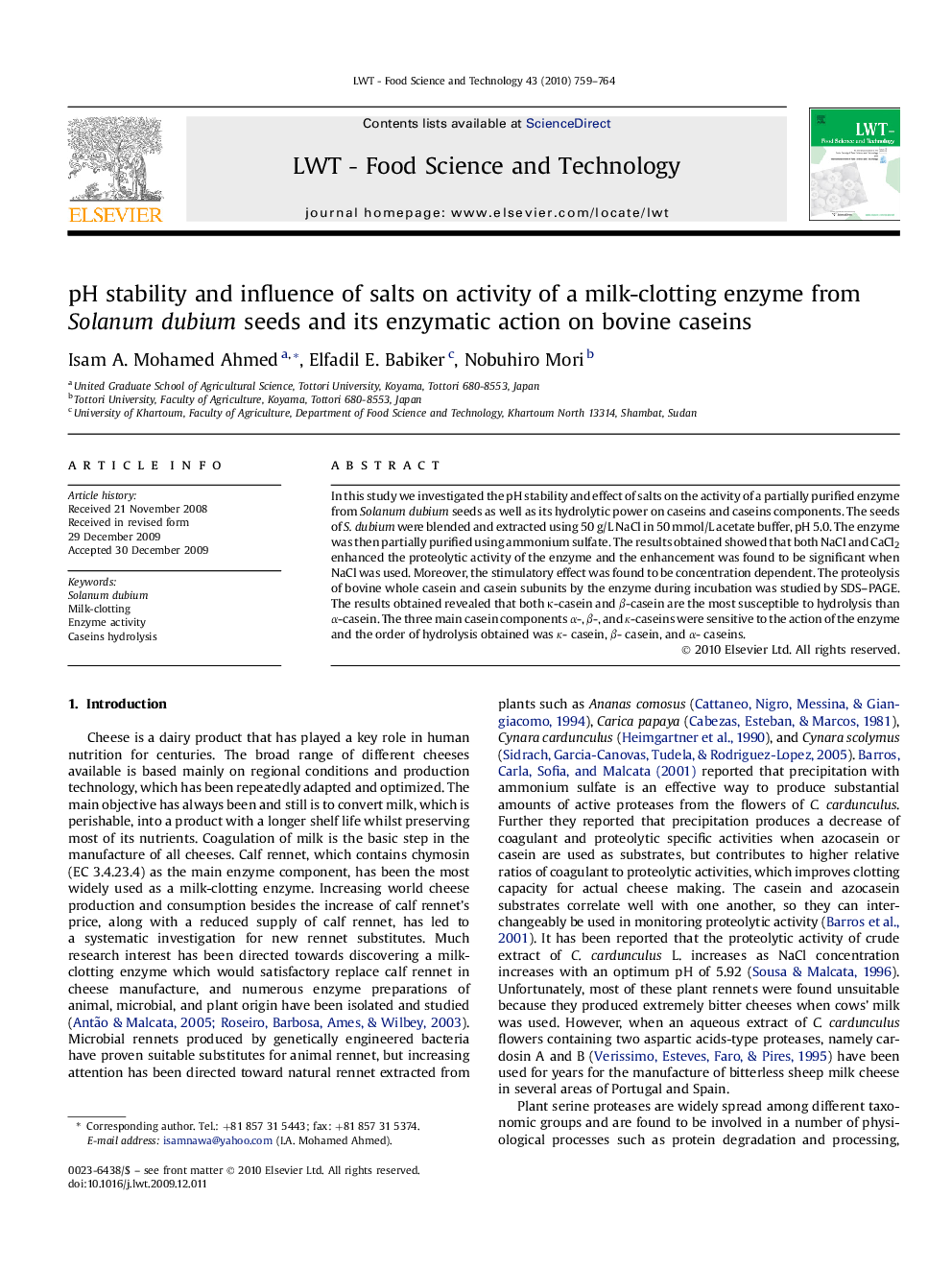 pH stability and influence of salts on activity of a milk-clotting enzyme from Solanum dubium seeds and its enzymatic action on bovine caseins