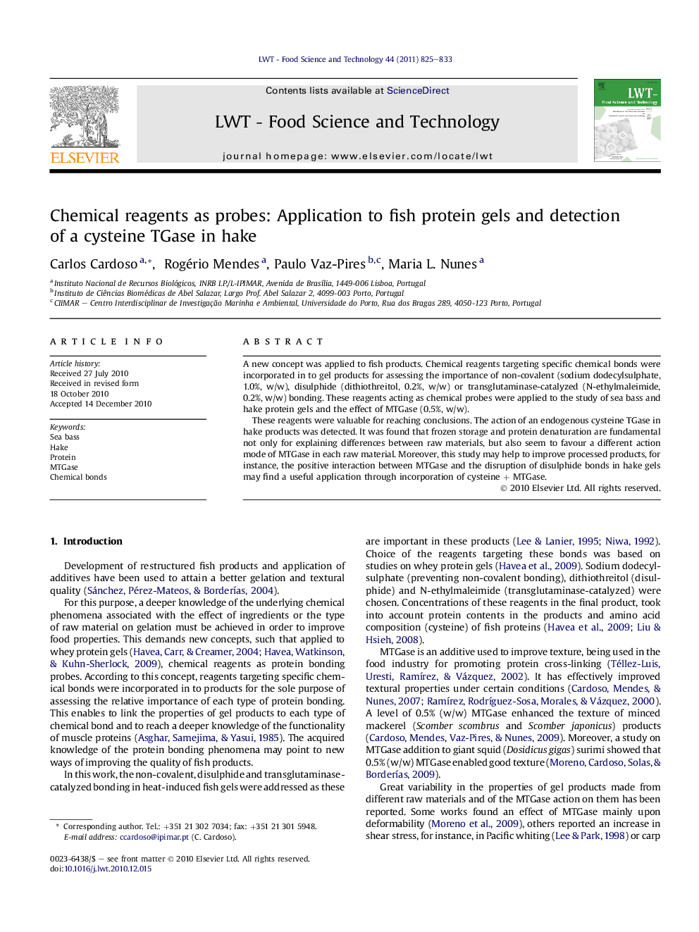 Chemical reagents as probes: Application to fish protein gels and detection of a cysteine TGase in hake