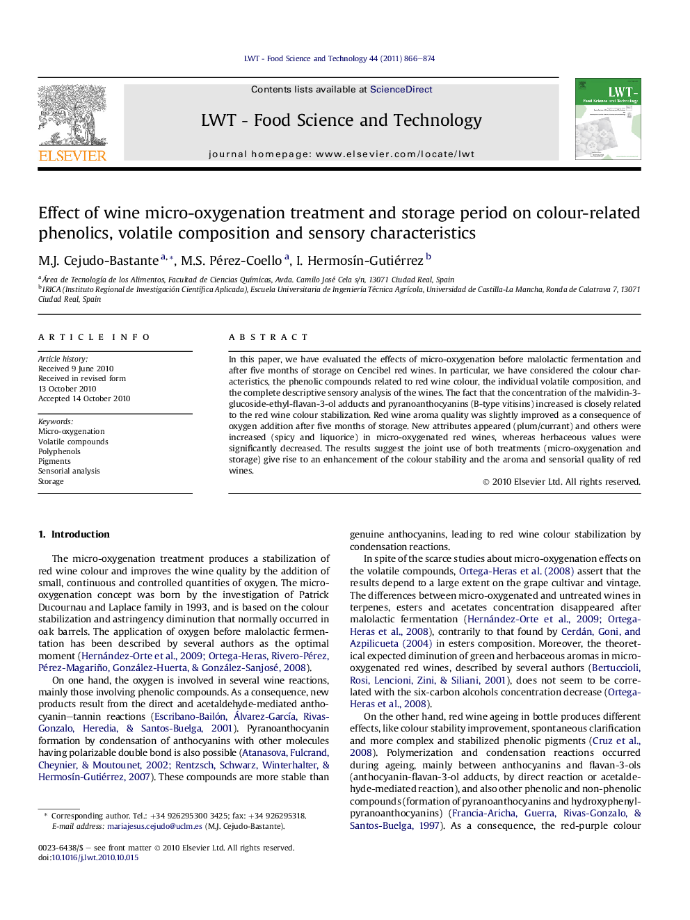 Effect of wine micro-oxygenation treatment and storage period on colour-related phenolics, volatile composition and sensory characteristics