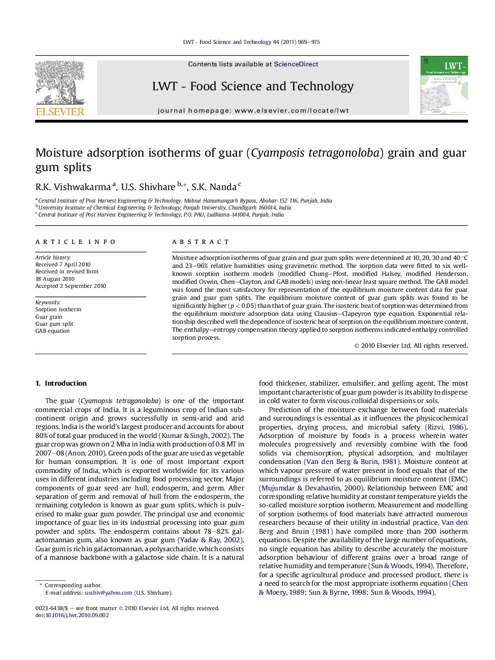 Moisture adsorption isotherms of guar (Cyamposis tetragonoloba) grain and guar gum splits