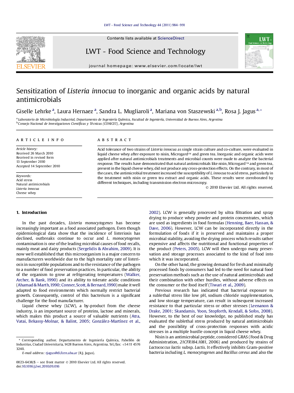 Sensitization of Listeria innocua to inorganic and organic acids by natural antimicrobials