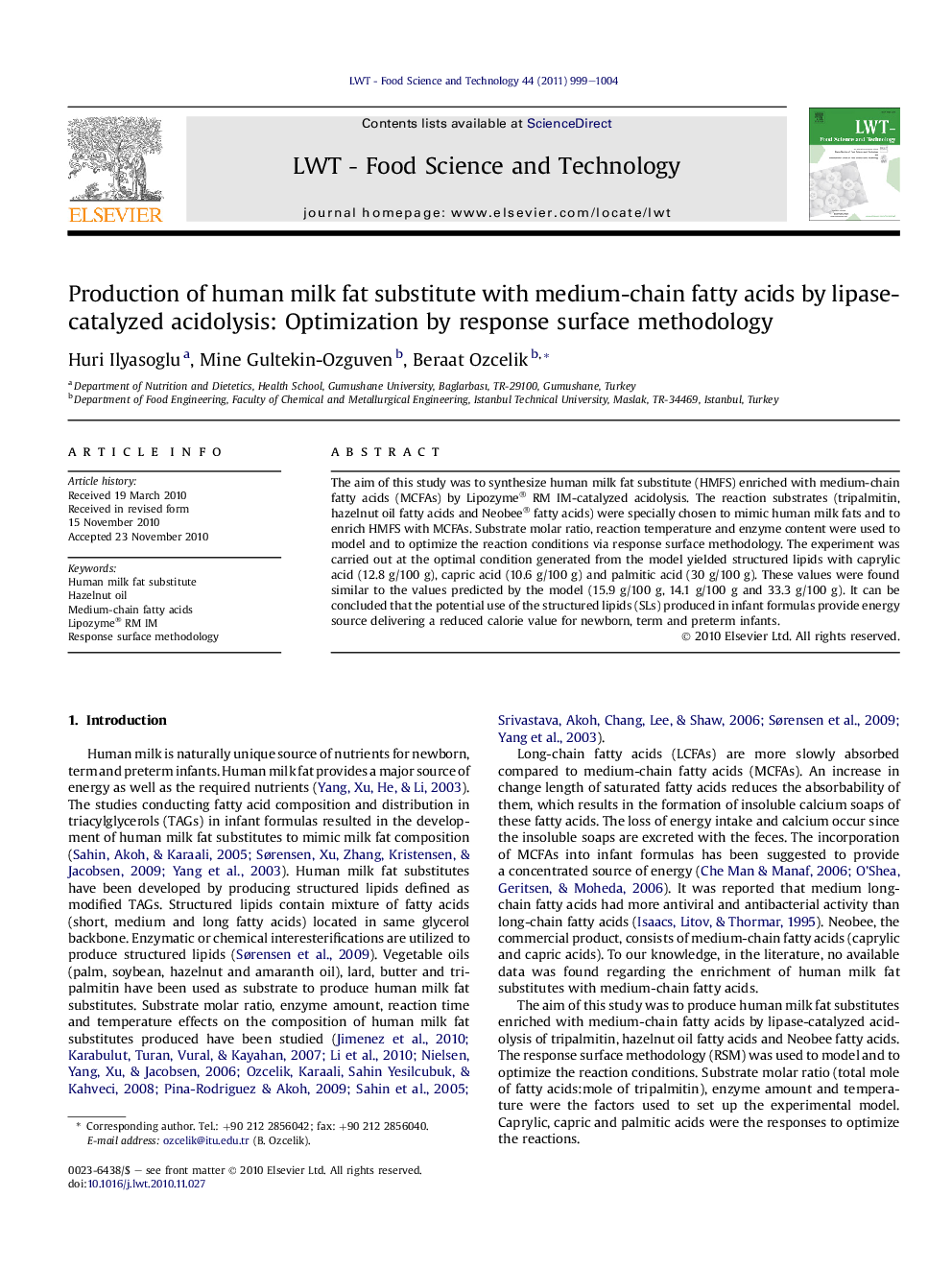 Production of human milk fat substitute with medium-chain fatty acids by lipase-catalyzed acidolysis: Optimization by response surface methodology