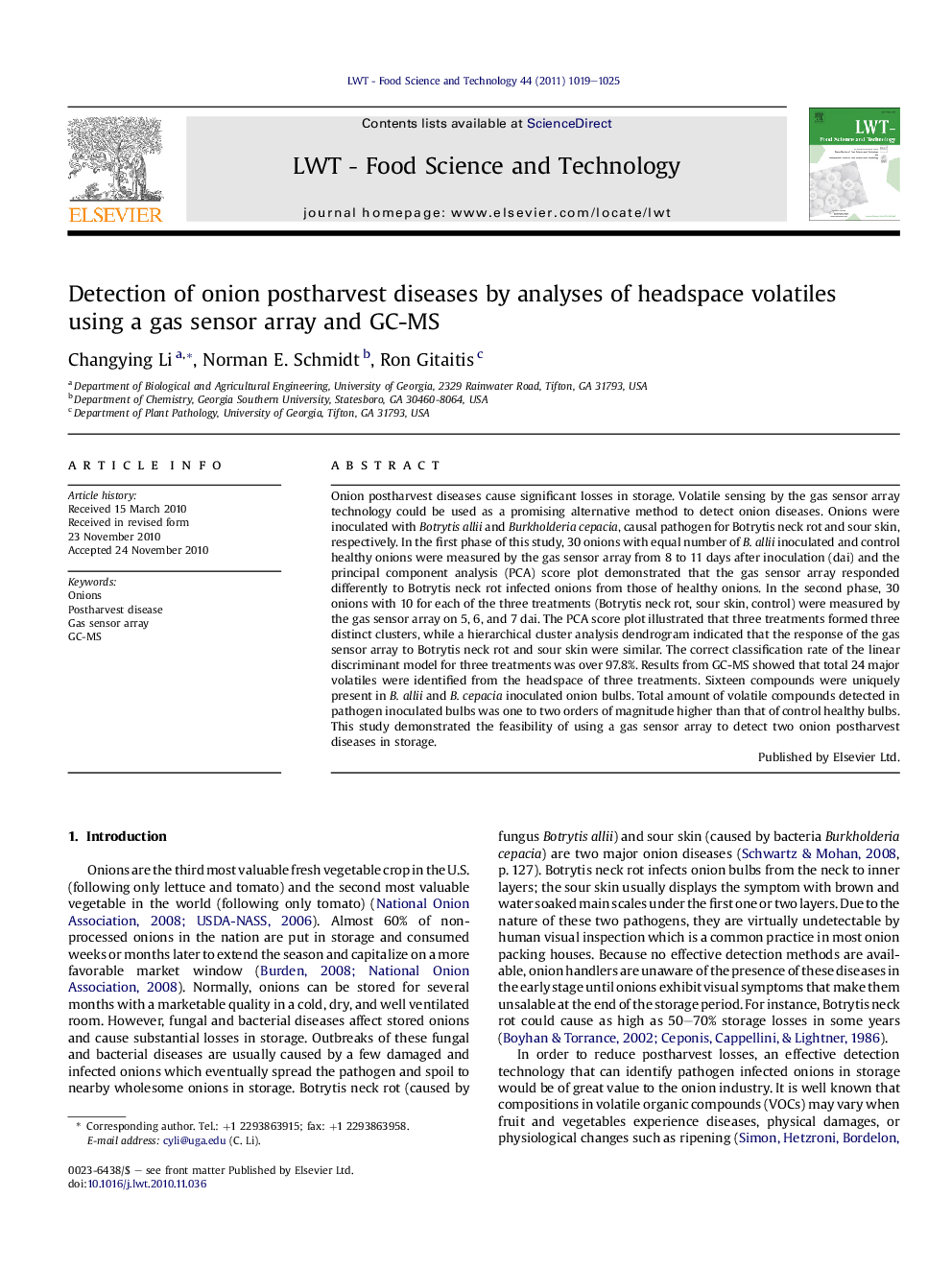 Detection of onion postharvest diseases by analyses of headspace volatiles using a gas sensor array and GC-MS