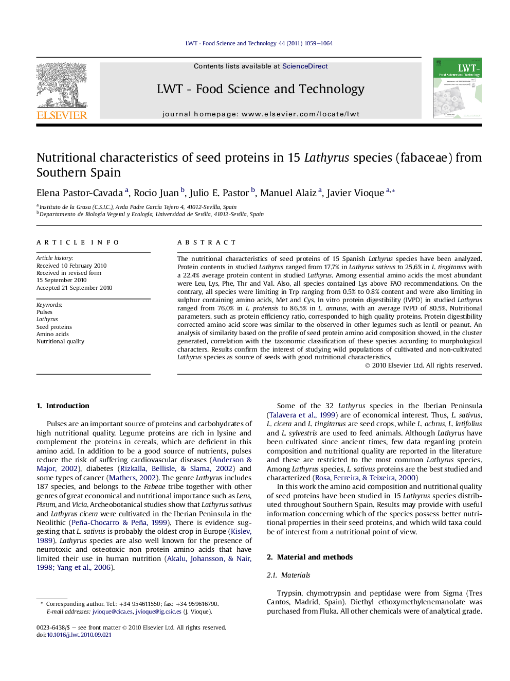 Nutritional characteristics of seed proteins in 15 Lathyrus species (fabaceae) from Southern Spain