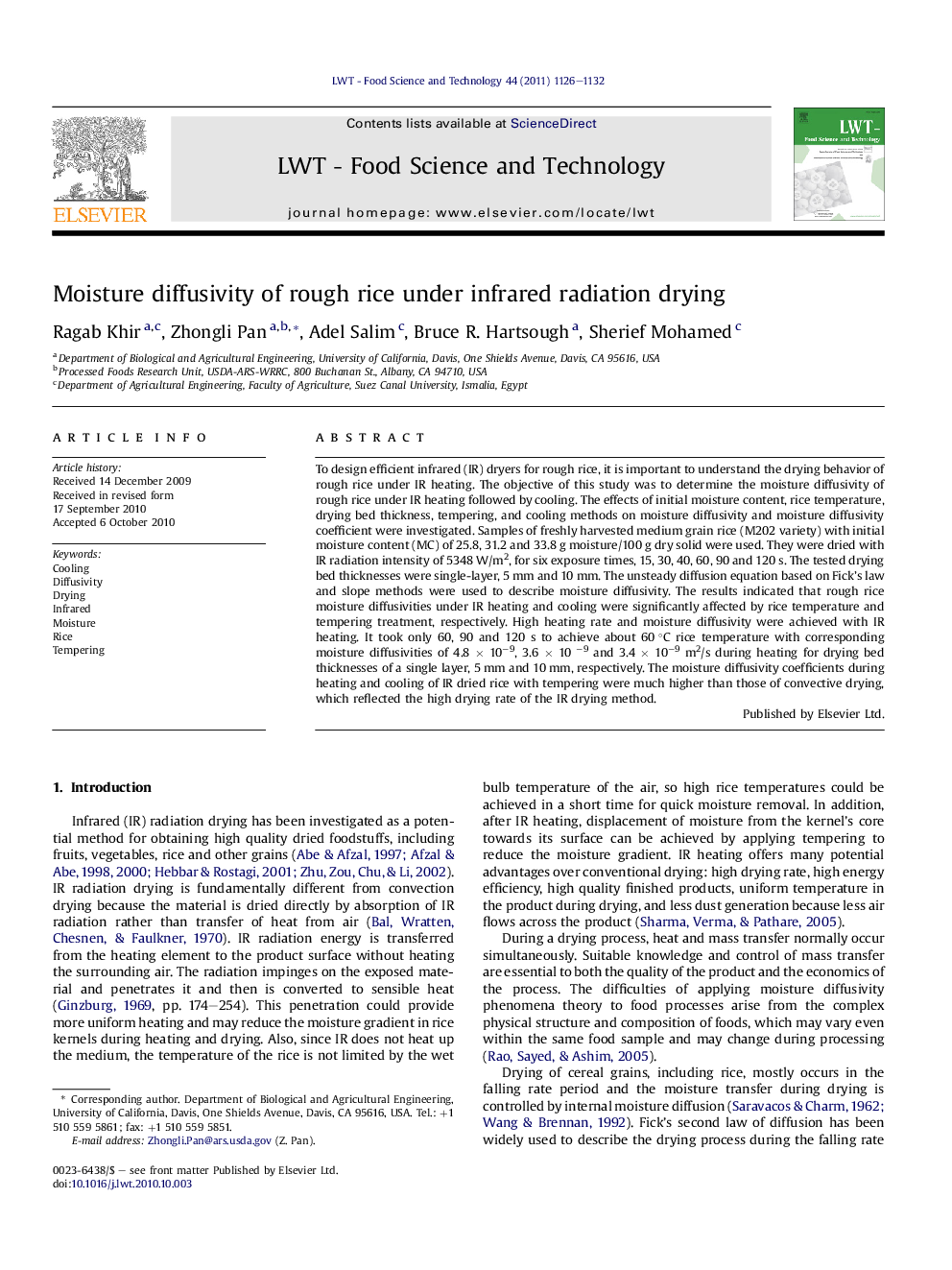 Moisture diffusivity of rough rice under infrared radiation drying