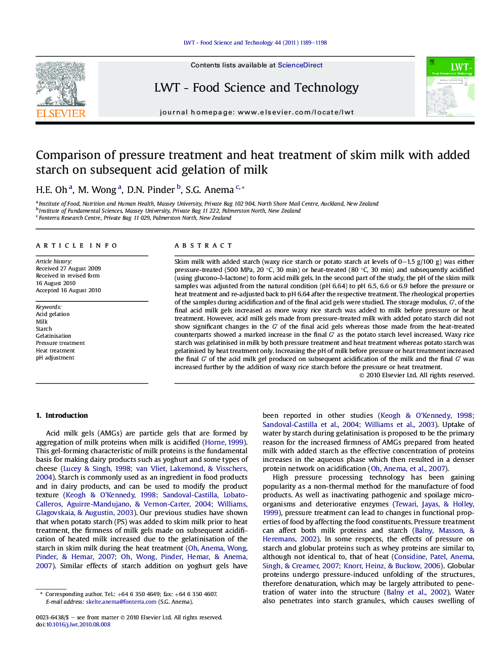 Comparison of pressure treatment and heat treatment of skim milk with added starch on subsequent acid gelation of milk