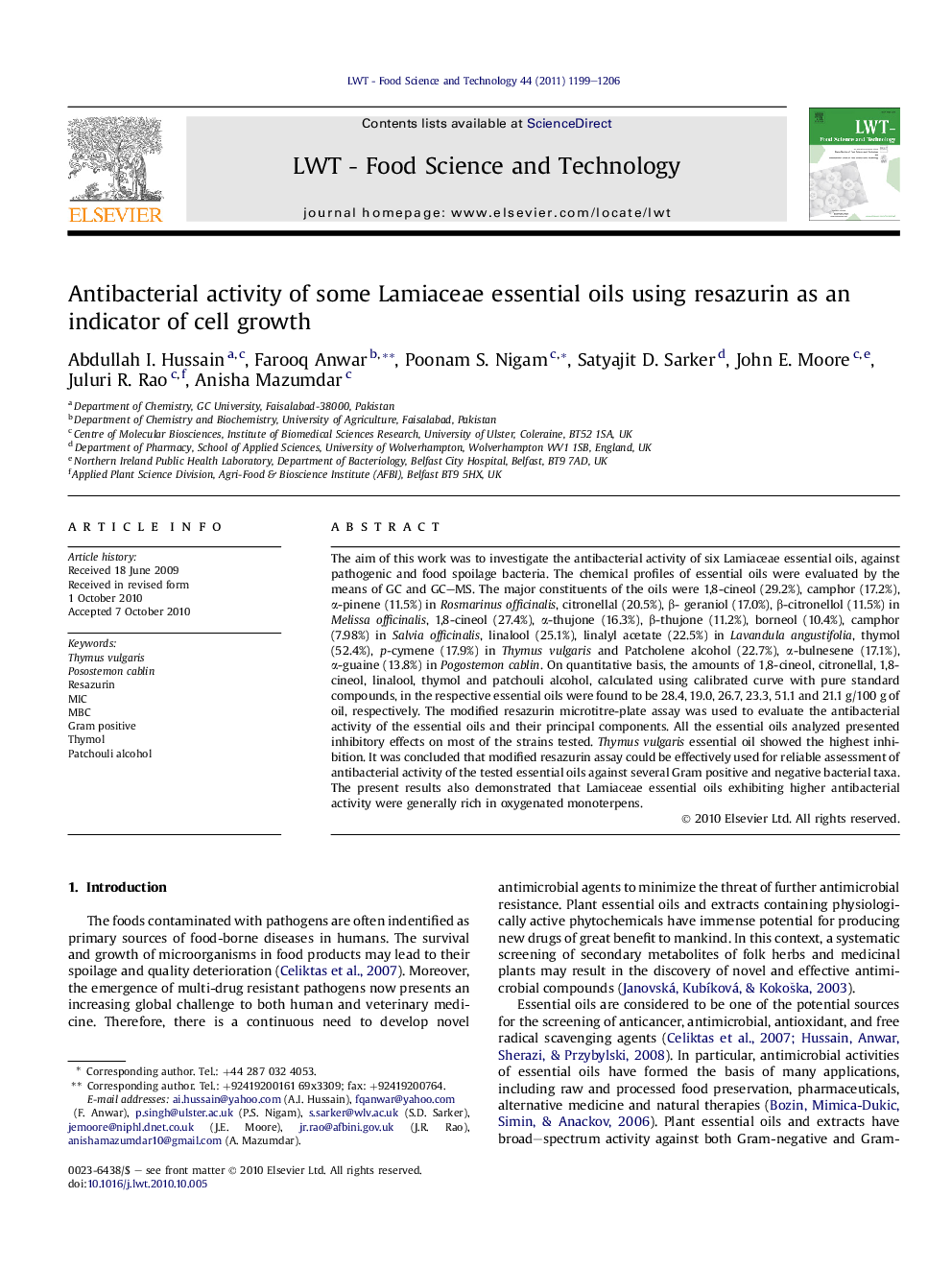 Antibacterial activity of some Lamiaceae essential oils using resazurin as an indicator of cell growth