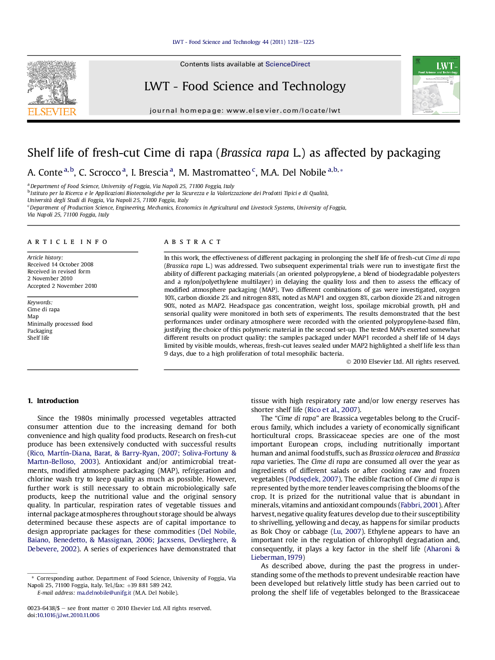 Shelf life of fresh-cut Cime di rapa (Brassica rapa L.) as affected by packaging