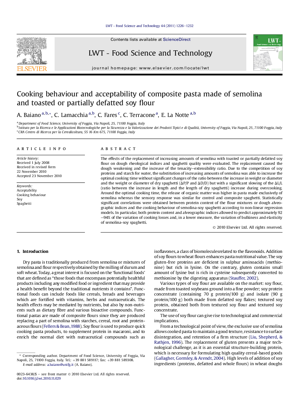 Cooking behaviour and acceptability of composite pasta made of semolina and toasted or partially defatted soy flour