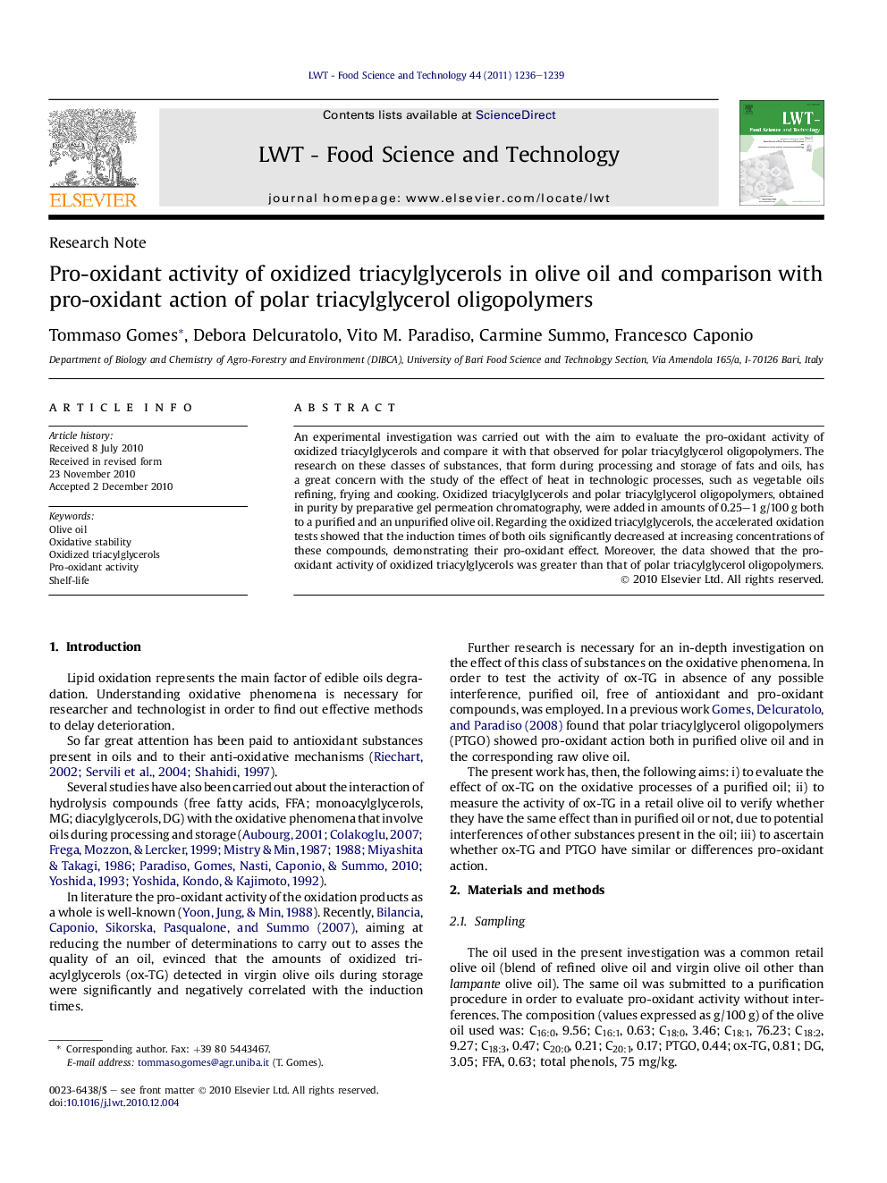 Pro-oxidant activity of oxidized triacylglycerols in olive oil and comparison with pro-oxidant action of polar triacylglycerol oligopolymers