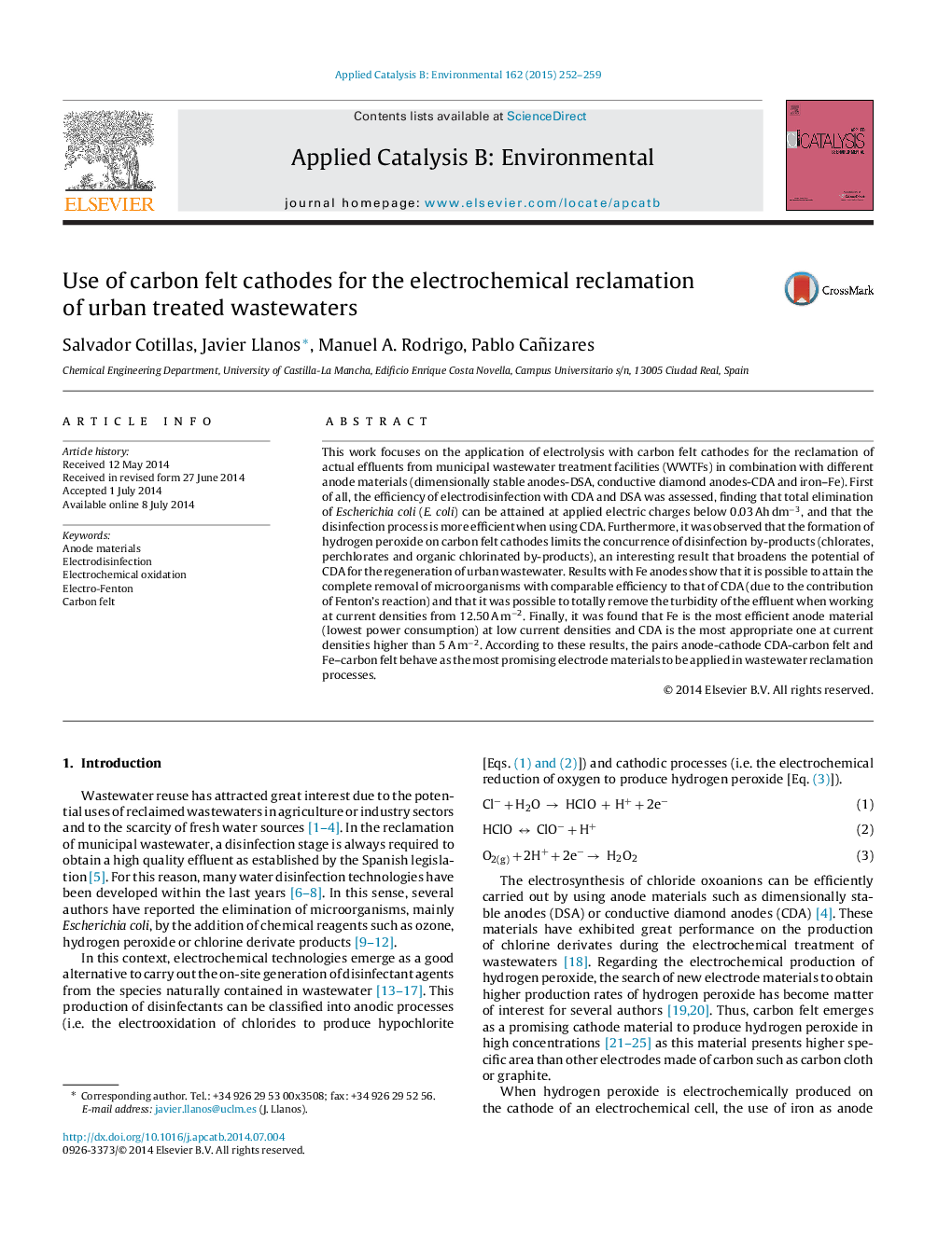 Use of carbon felt cathodes for the electrochemical reclamation of urban treated wastewaters