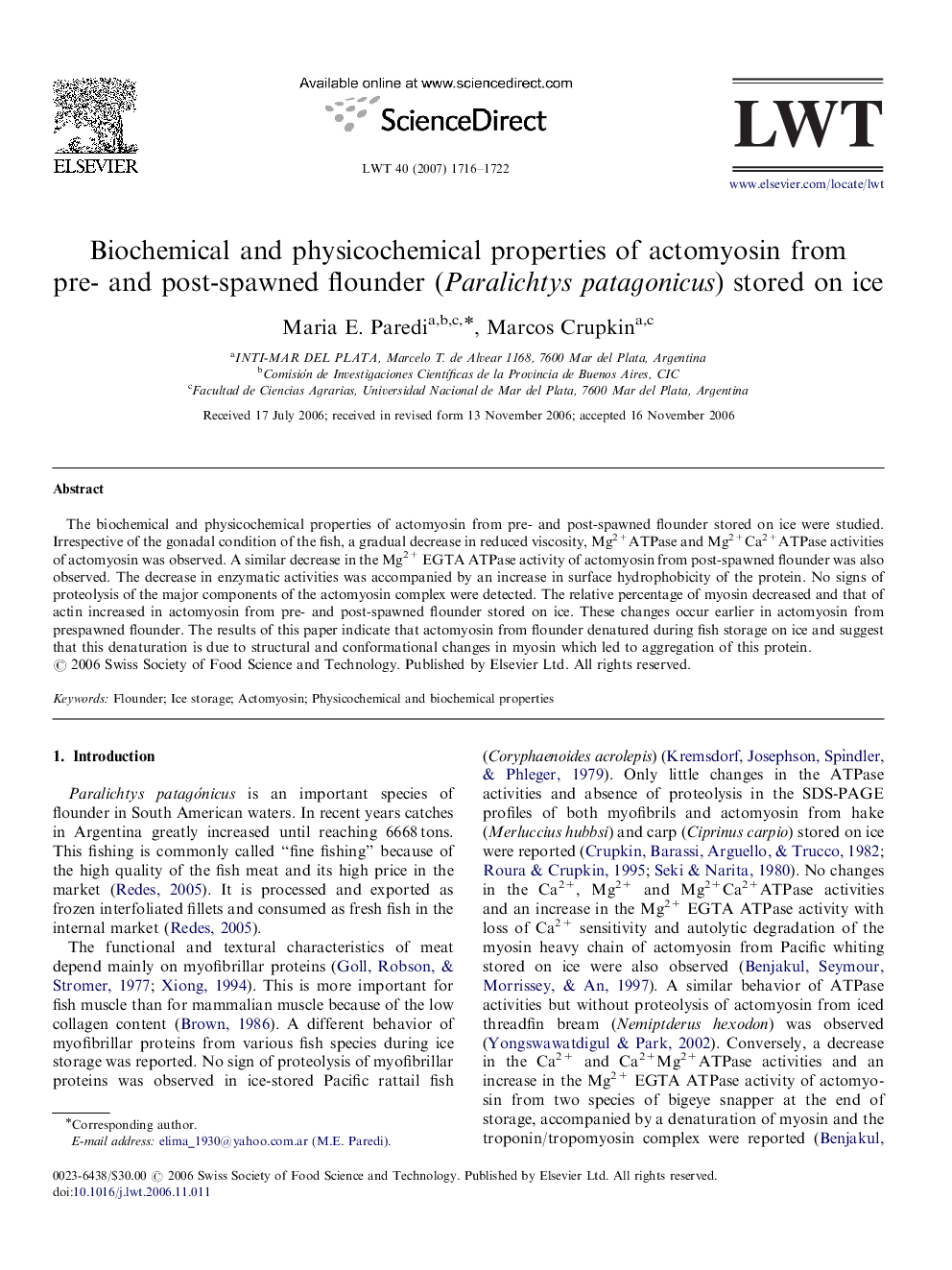 Biochemical and physicochemical properties of actomyosin from pre- and post-spawned flounder (Paralichtys patagonicus) stored on ice