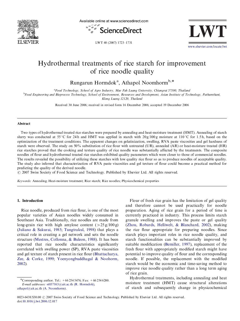 Hydrothermal treatments of rice starch for improvement of rice noodle quality