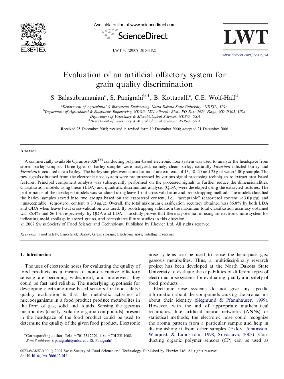 Evaluation of an artificial olfactory system for grain quality discrimination