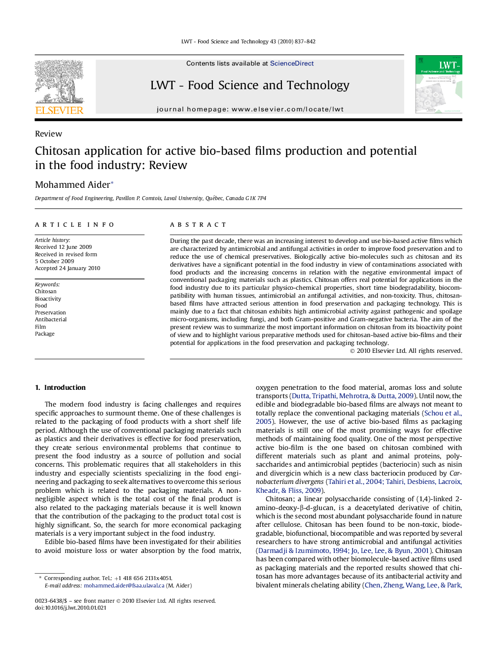 Chitosan application for active bio-based films production and potential in the food industry: Review