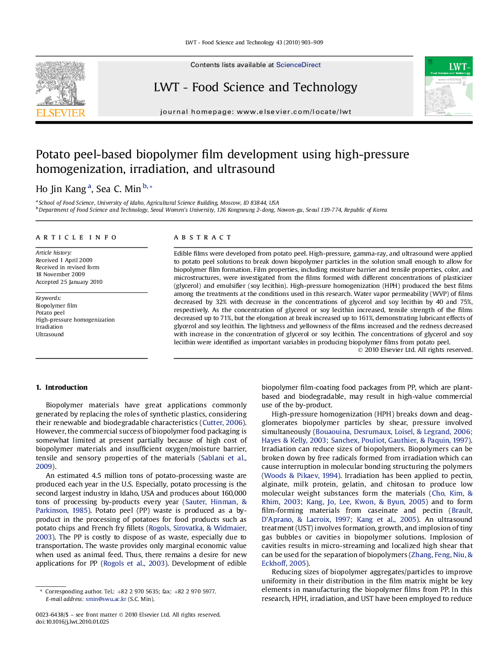 Potato peel-based biopolymer film development using high-pressure homogenization, irradiation, and ultrasound