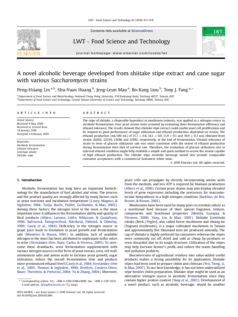 عکس صفحه اول مقاله: A novel alcoholic beverage developed from shiitake stipe extract and cane sugar with various Saccharomyces strains A novel alcoholic beverage developed from shiitake stipe extract and cane sugar with various Saccharomyces strains