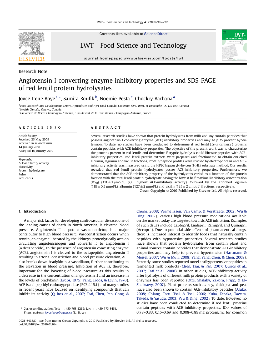 Angiotensin I-converting enzyme inhibitory properties and SDS-PAGE of red lentil protein hydrolysates