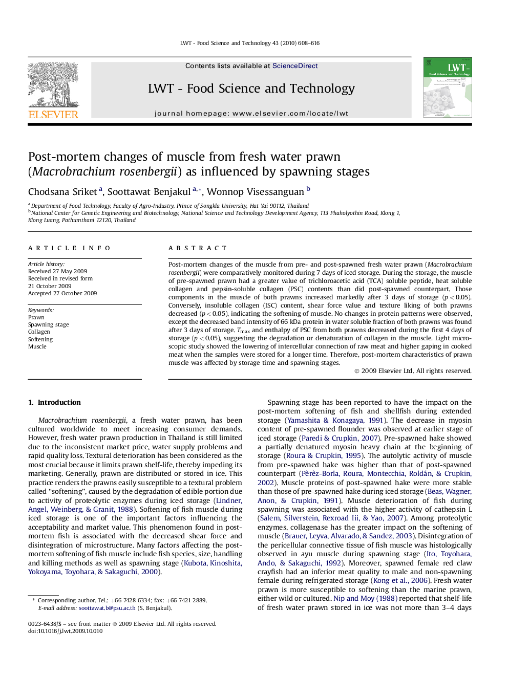 Post-mortem changes of muscle from fresh water prawn (Macrobrachium rosenbergii) as influenced by spawning stages