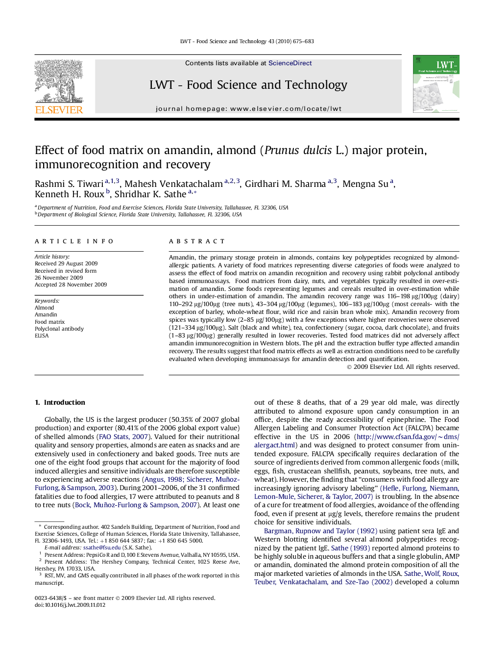 Effect of food matrix on amandin, almond (Prunus dulcis L.) major protein, immunorecognition and recovery