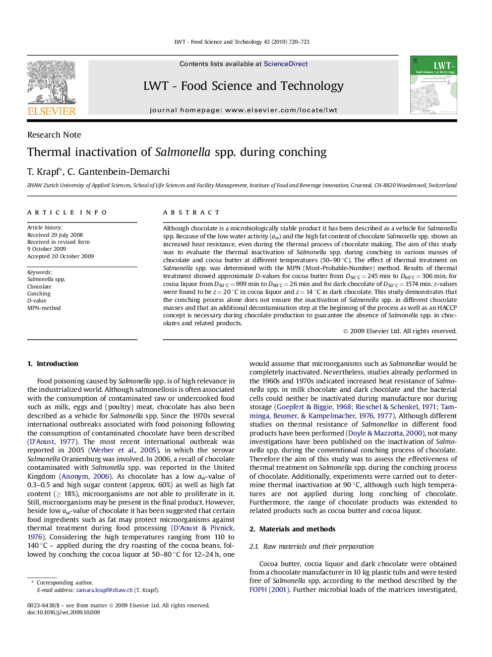 Thermal inactivation of Salmonella spp. during conching