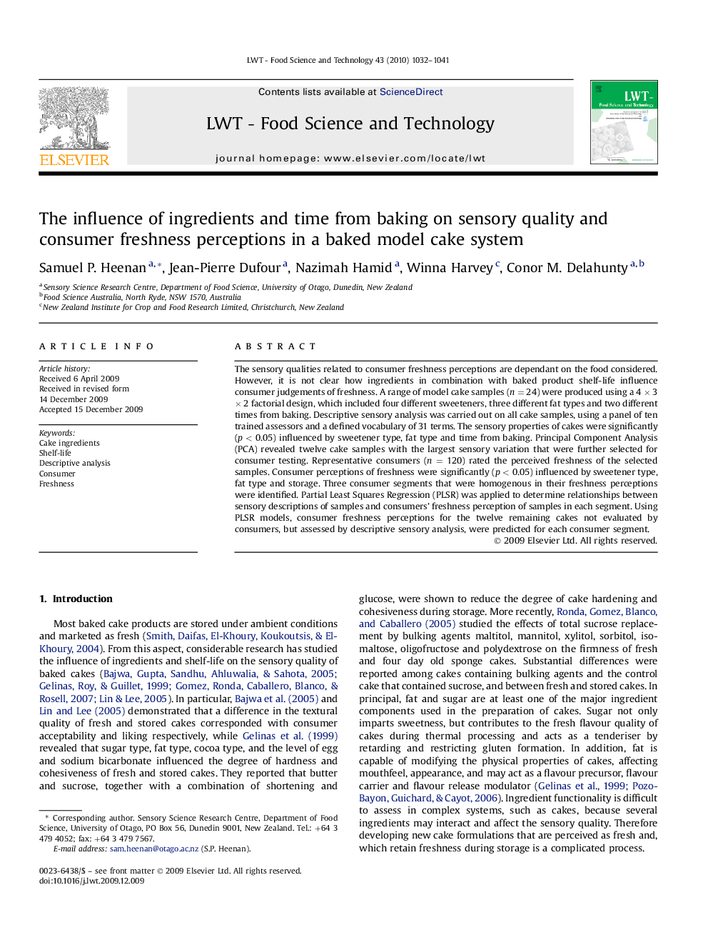 The influence of ingredients and time from baking on sensory quality and consumer freshness perceptions in a baked model cake system