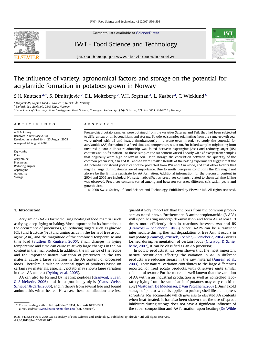 The influence of variety, agronomical factors and storage on the potential for acrylamide formation in potatoes grown in Norway