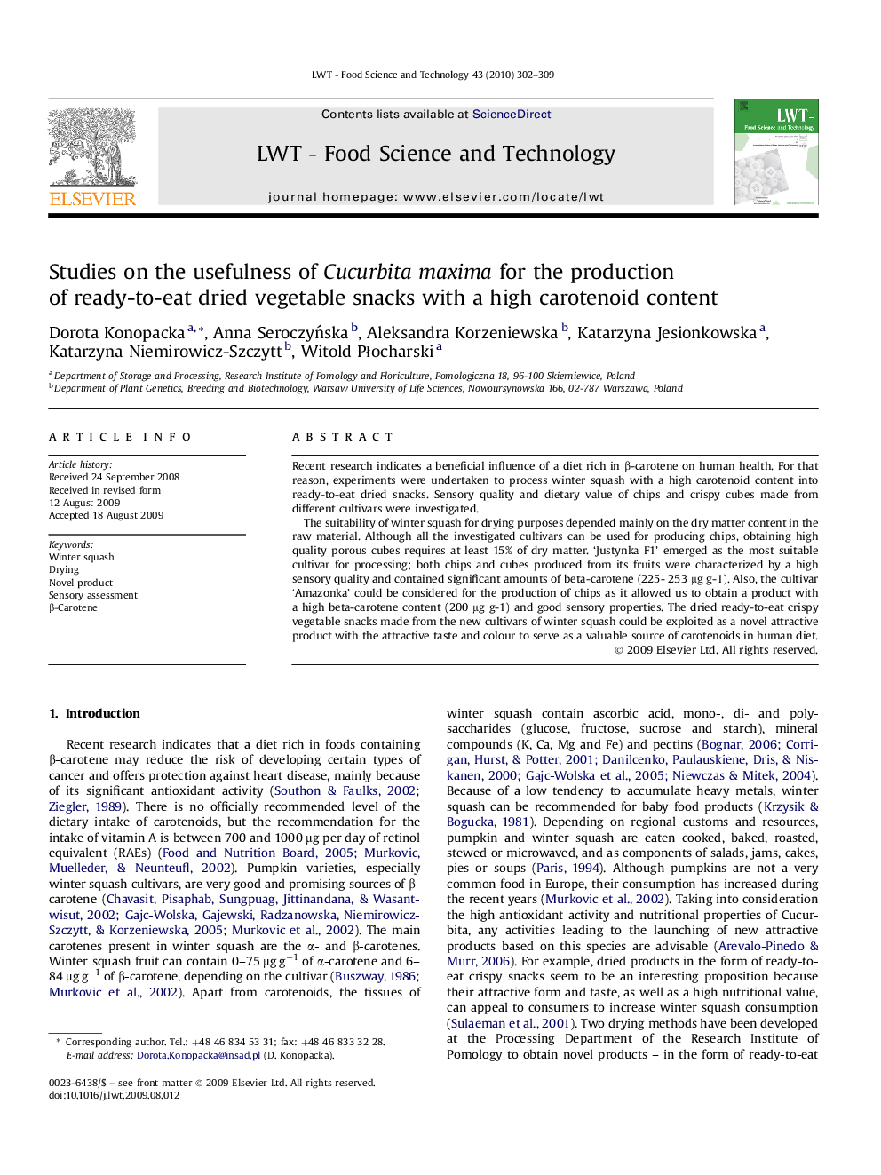 Studies on the usefulness of Cucurbita maxima for the production of ready-to-eat dried vegetable snacks with a high carotenoid content