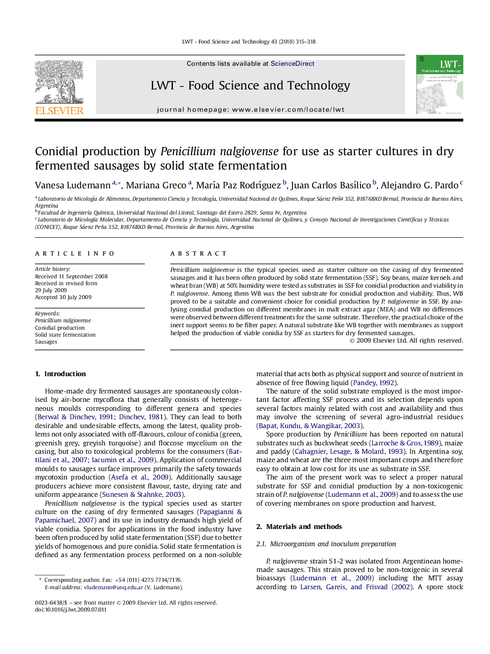 Conidial production by Penicillium nalgiovense for use as starter cultures in dry fermented sausages by solid state fermentation