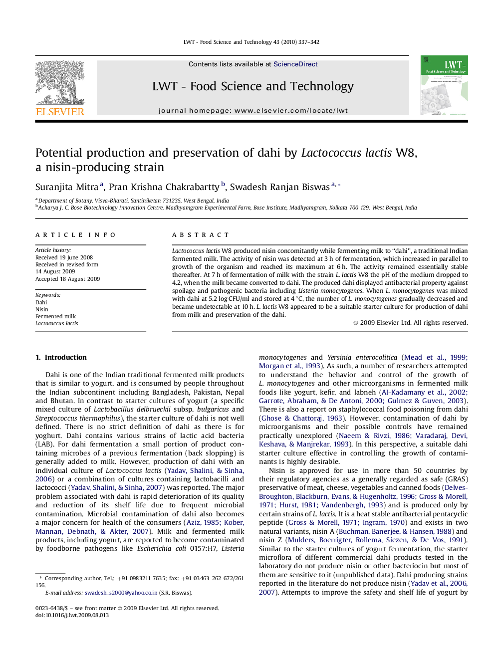 Potential production and preservation of dahi by Lactococcus lactis W8, a nisin-producing strain