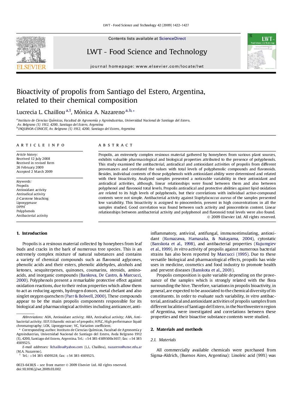 Bioactivity of propolis from Santiago del Estero, Argentina, related to their chemical composition