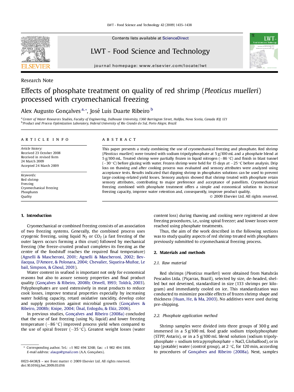 Effects of phosphate treatment on quality of red shrimp (Pleoticus muelleri) processed with cryomechanical freezing