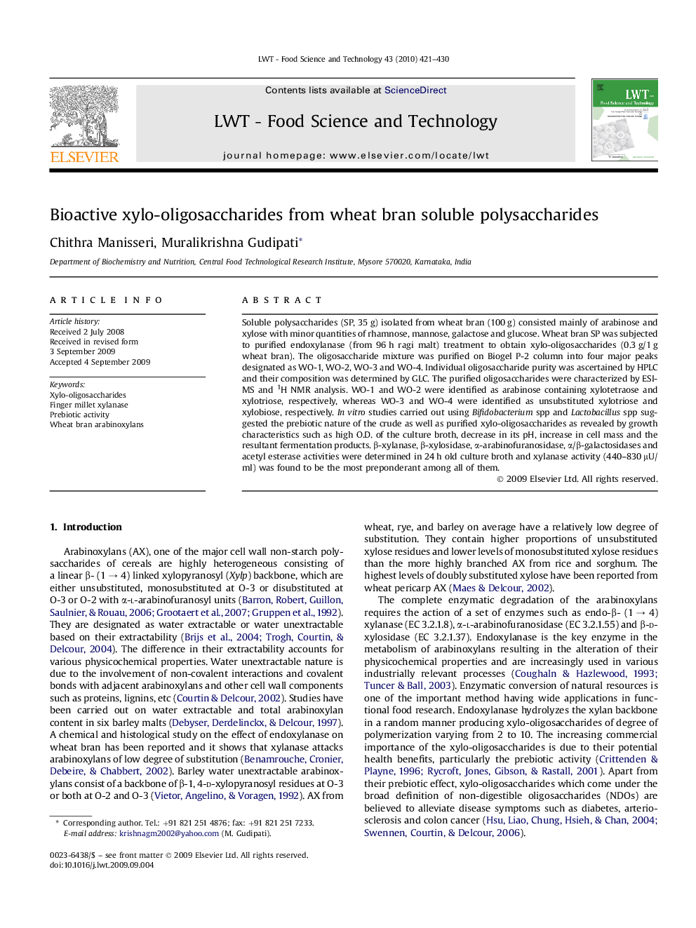 Bioactive xylo-oligosaccharides from wheat bran soluble polysaccharides