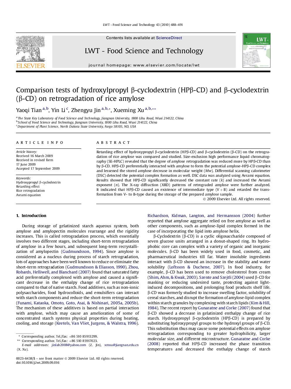 Comparison tests of hydroxylpropyl Î²-cyclodextrin (HPÎ²-CD) and Î²-cyclodextrin (Î²-CD) on retrogradation of rice amylose