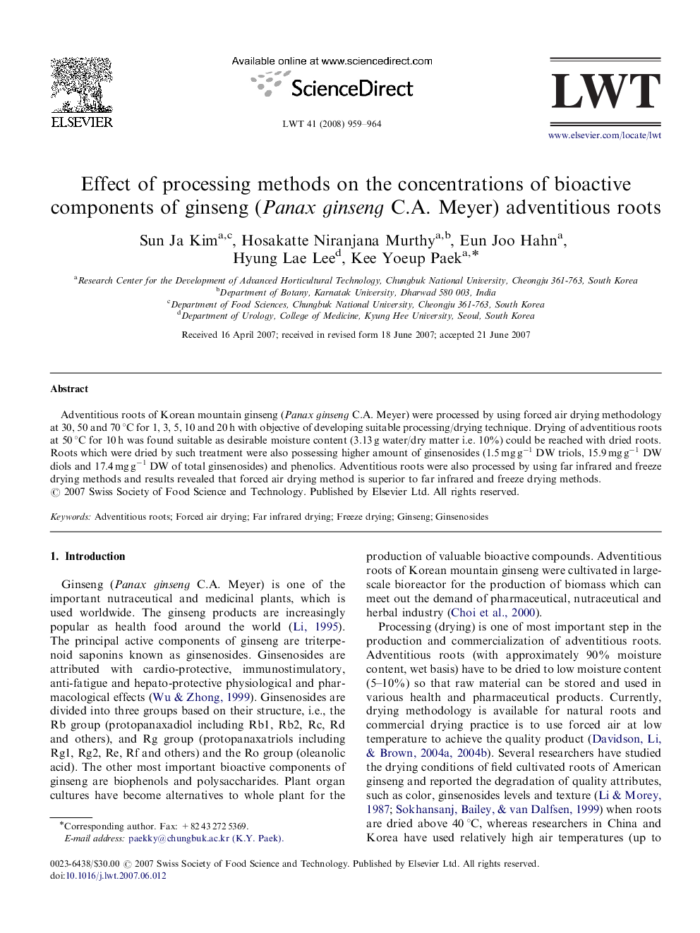 Effect of processing methods on the concentrations of bioactive components of ginseng (Panax ginseng C.A. Meyer) adventitious roots