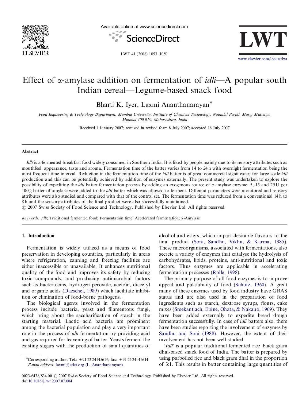 Effect of α-amylase addition on fermentation of idli—A popular south Indian cereal—Legume-based snack food