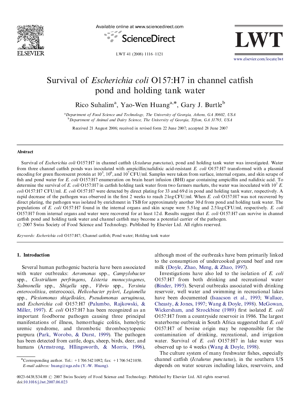 Survival of Escherichia coli O157:H7 in channel catfish pond and holding tank water